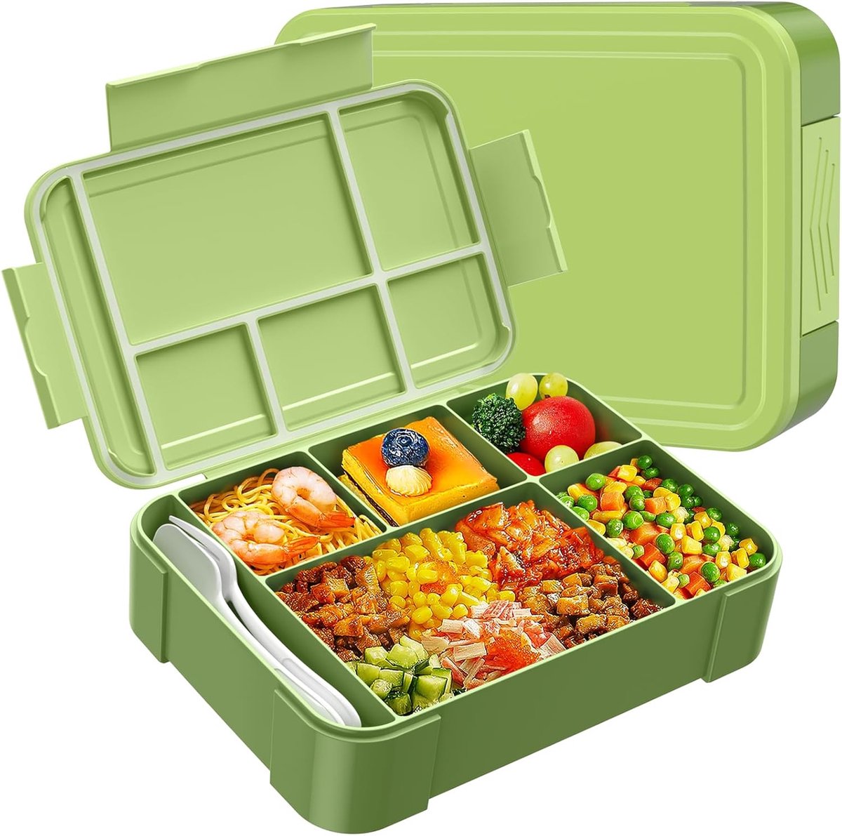 Broodtrommel voor kinderen, met vakken, 1300 ml, lunchbox, lekvrij, broodtrommel voor kinderen, voor kleuterschool en school (groen)