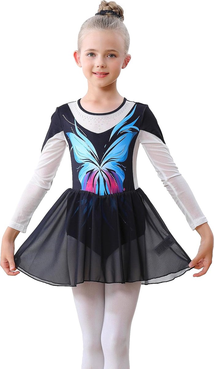 Balletpak voor meisjes met aangezette chiffon rok, glinsterende lange mouwen, strass-Turnpak, balletjurk, lyrical dansjurk, kunstschaatsen, danskostuum, balletpak, dansbody met rok