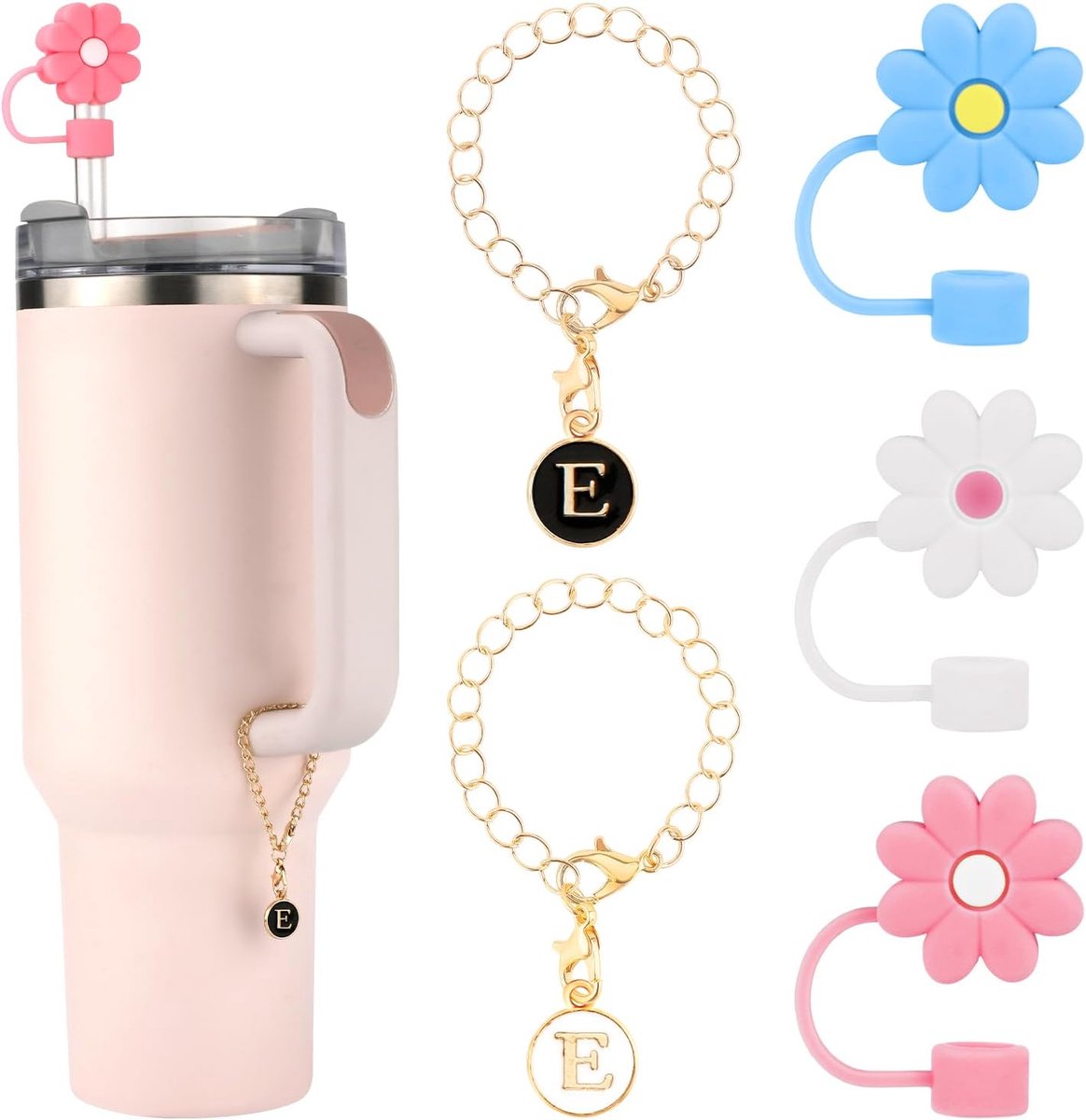 3st Strohoes voor Stanley Cup 30/40oz, 10mm Bloem Siliconen Rietje Topper/Dop & 2st Gepersonaliseerd Kapitaal ID/Naam Letter Charme Tips Dekselbeschermer Bekers Accessoires voor Stanley Cup(E)