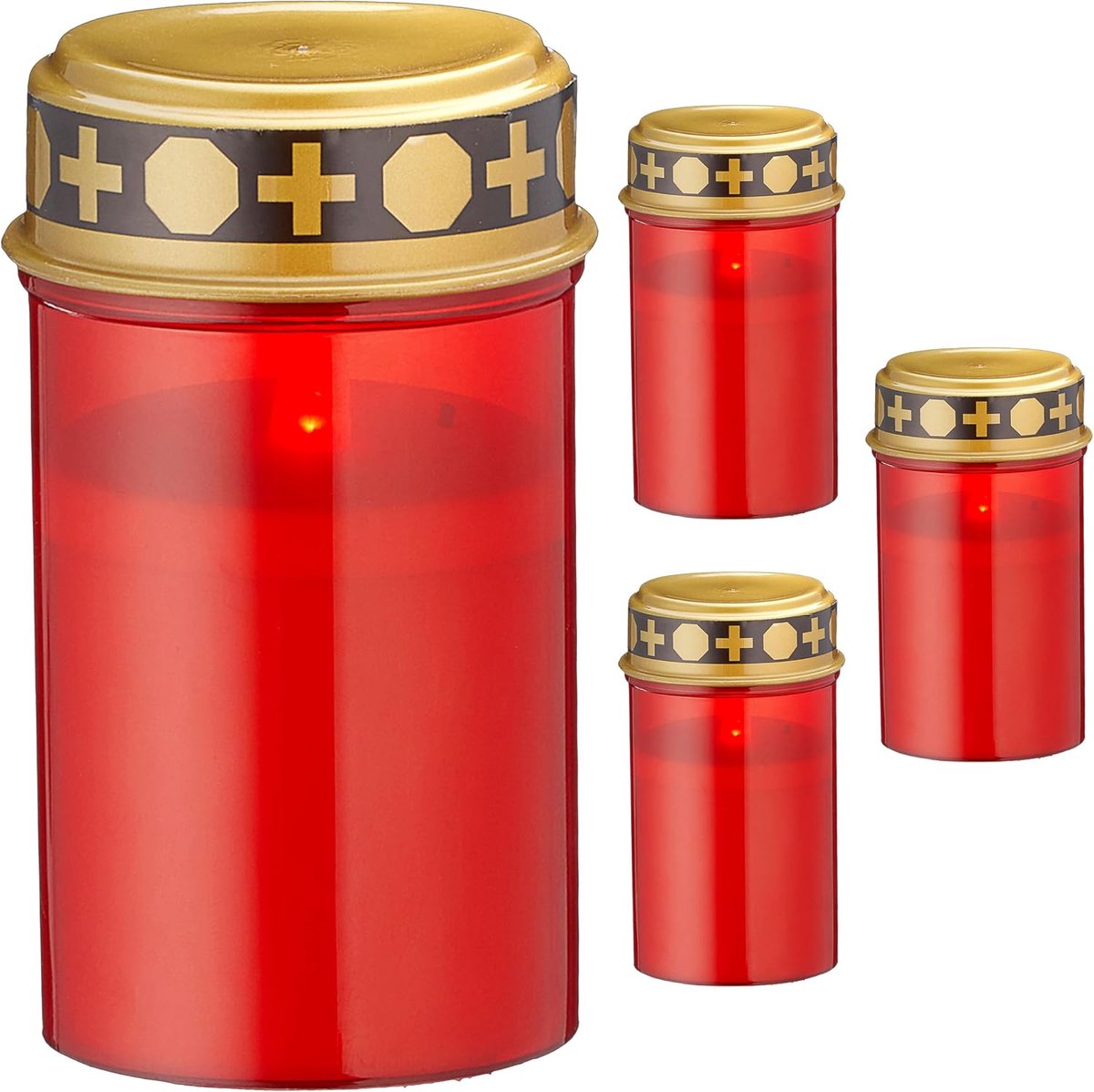 Set van 4 led-graflichten, werkt op batterijen, rood, grafkaars, graflamp, grafdecoratie, begraafplaats, rouw, kunststof, 7 x 11 cm
