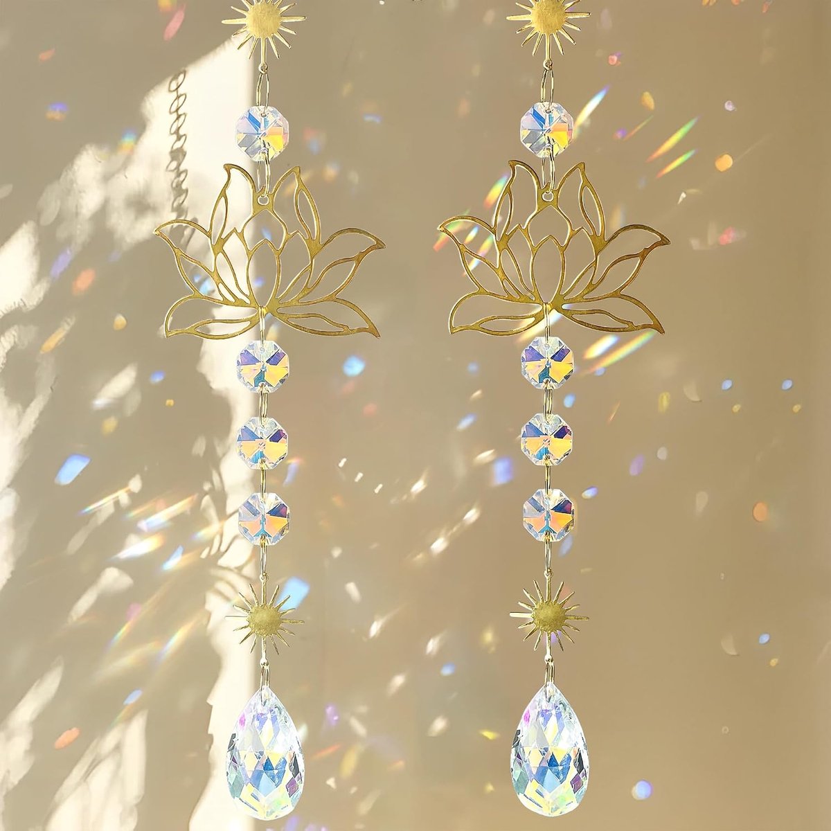 2 Lotus Suncatchers met Kristal, Messing Raamhanger voor Decoratie | Lotus Suncatchers van Messing met Kristalprisma voor Ramen, Balkon en Binnenruimtes