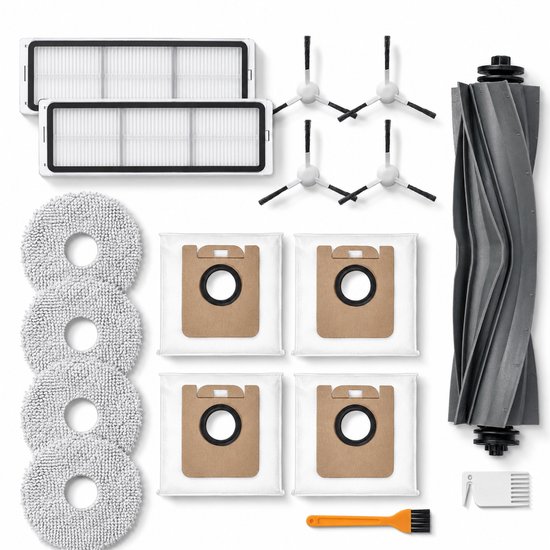 Inhoud van een onderhoudsset voor robotstofzuiger: filters, dweilpads, stofzakken, borstels en een rolborstel.