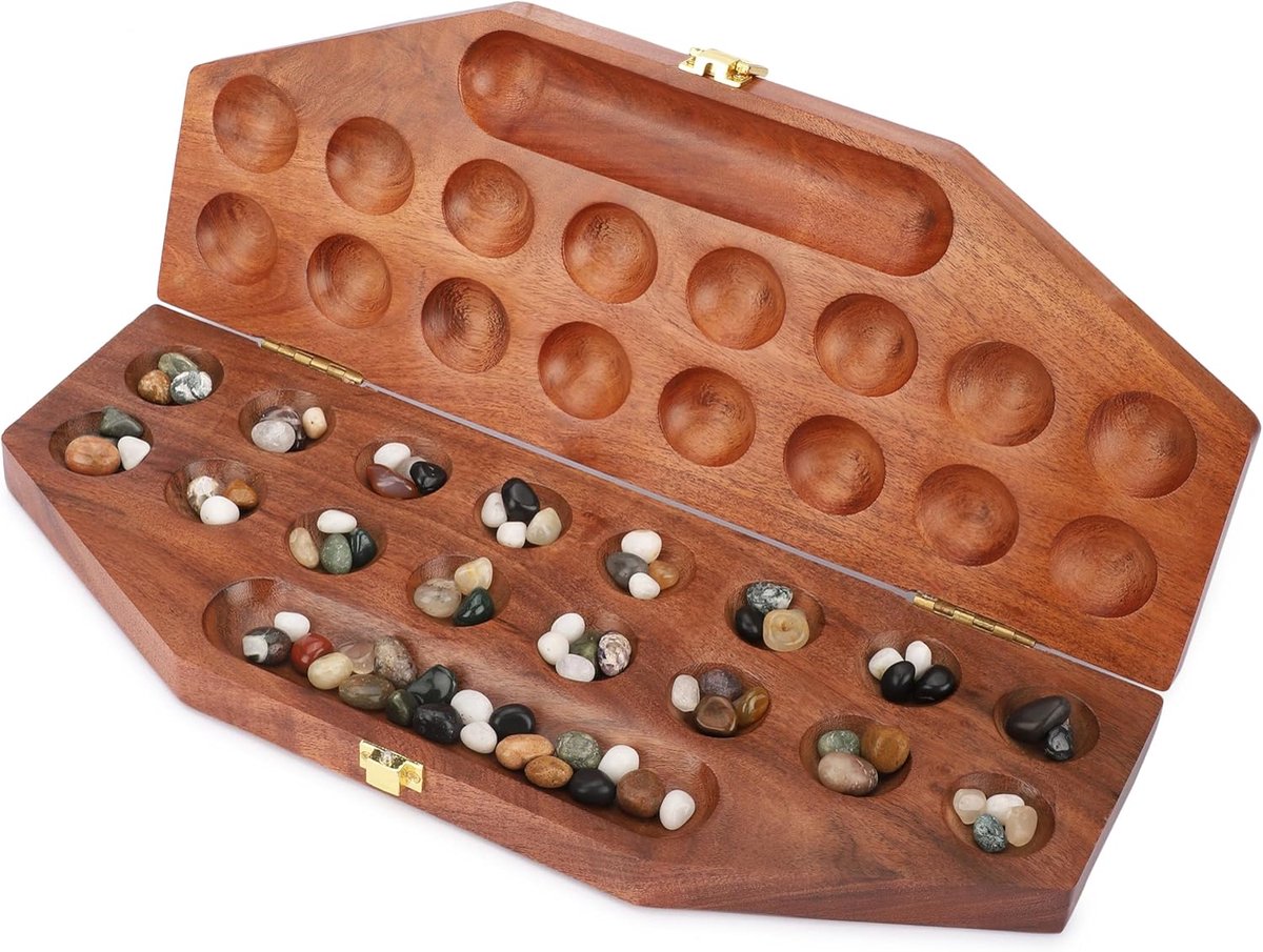 Houten Mancala Bordspel Set - Vouwbord met Multicolor Stenen Ideaal voor Familieavond Draagbaar Reisplezier Klassiek Tafelspel voor Volwassenen & Kinderen