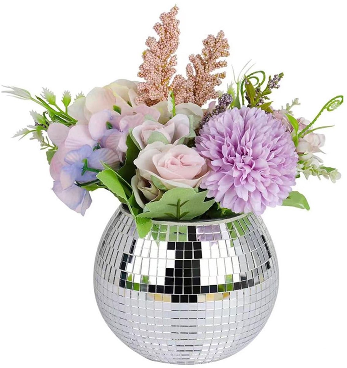 Omgoods - Glazen Discobal Vaas met Zilveren Mozaïek - Decoratieve Bloempot 12 x 10 cm
