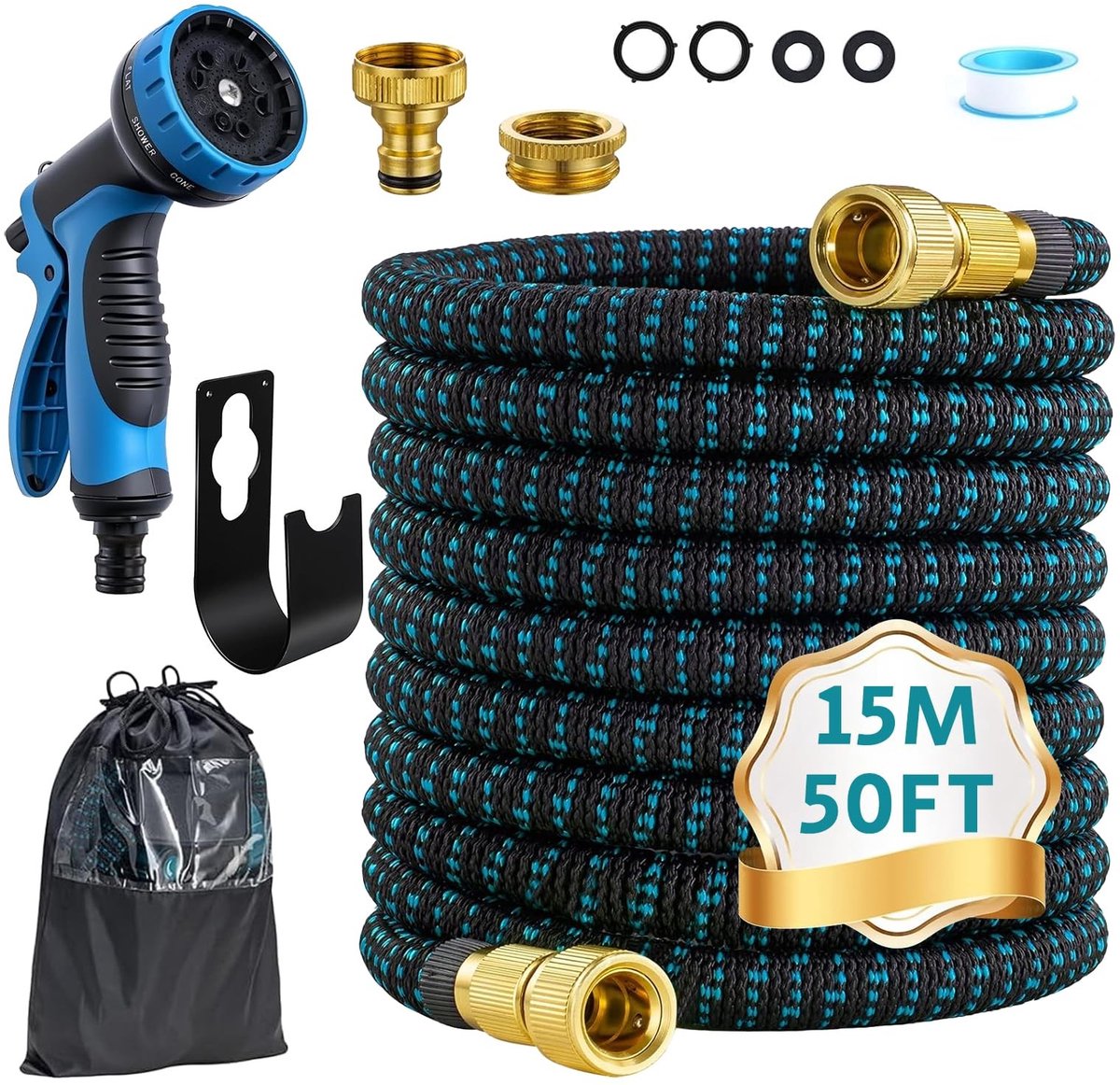 Omgoods - Flexibele Tuinslang 15 m met Spuitmond en Slanghouder