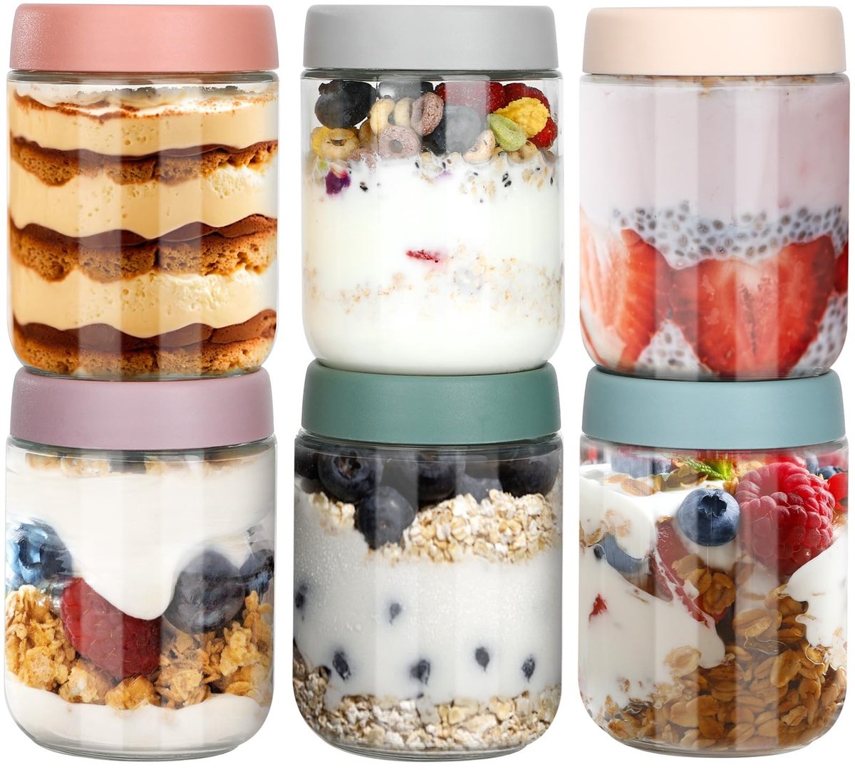 Omgoods - 6 Stuks Overnight Oats Jars met Deksel - 470ml Glazen Jars voor Ontbijt