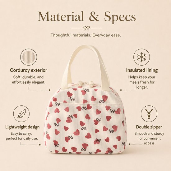 Rainbecom - Koeltas - Koeltassen 6.5 L - Lunchtas Dames en Kinderen - Geïsoleerde Lunch Bag met Voorvak - Corduroy - Beige met Hartjes van Rainbecom — afbeelding 3