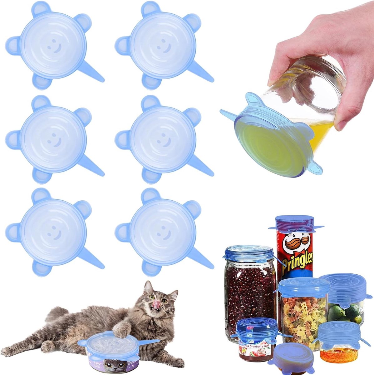 Set van 6 Siliconen Deksel voor Kattenvoer Blikken, Rekbare Deksel voor 400g/200g/85g Blikken, Ideaal voor Versheid en Bewaring