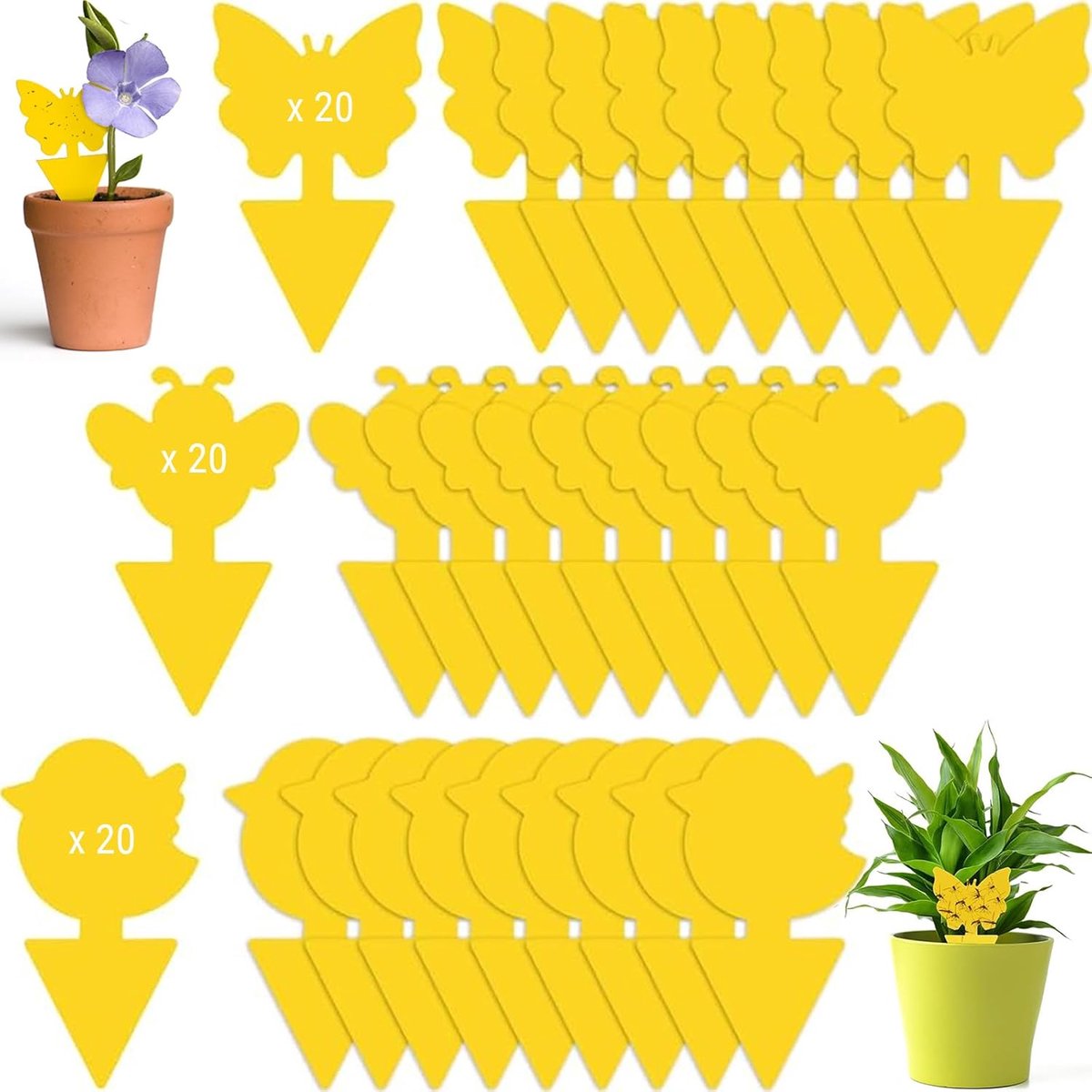 stickers rouwmuggen, bestrijden, 60 stuks, gele stickers voor kamerplanten, rouwmuggen, gele stickers voor planten, kamerplanten, potgrond, kamerplanten, vleesetende planten (geel)
