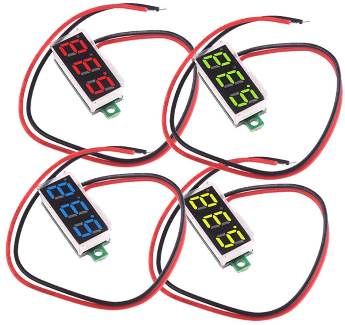 4 stuks 0,28 inch mini digitale voltmeter met 7-segment led-display DC2,5-40 V, twee draden spanningsmeter, spanningsmeetmodule, ompolingsbeveiliging en nauwkeurige drukmeting (rood, geel, groen