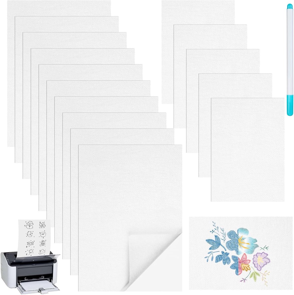 15 stuks zelfklevend in water oplosbaar borduurvlies, 10 x A4, 5 x A5 borduurvlies, in water oplosbaar, zelfklevend met stift, geschikt voor afdrukken of tekenen van motieven en hand- en machinaal