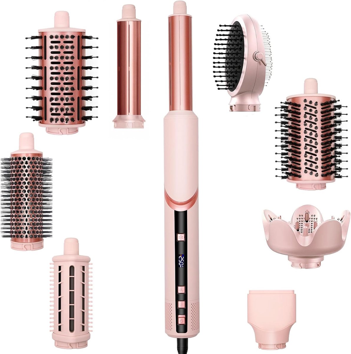 9 in 1 Föhnborstel Airstyler met LCD-display, Heteluchtborstel met afneembare Auto-Wrap krullers, volumeborstel & stijlborstel, 1400W ionen haarstyler, 3 temperatuurstanden voor alle haartypes