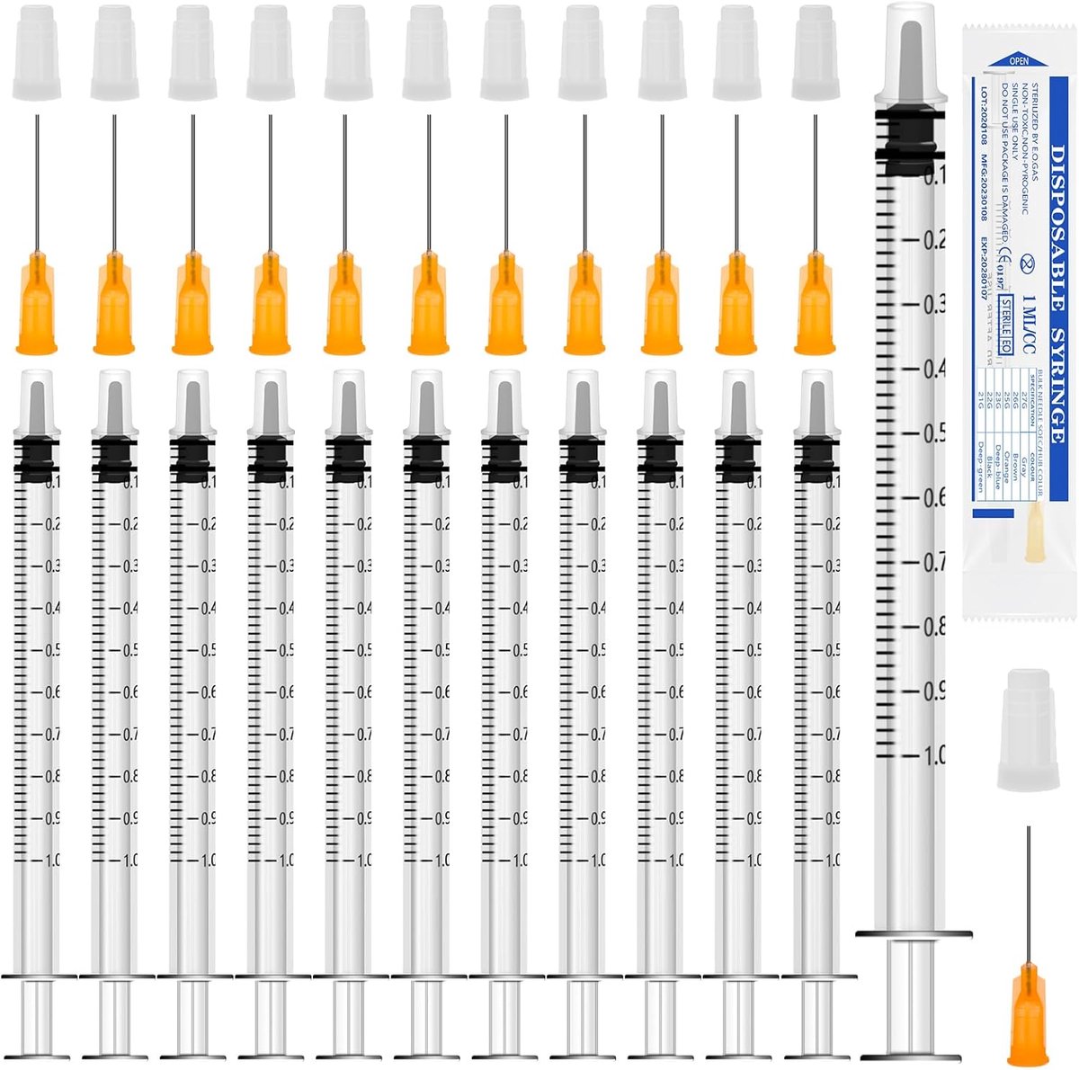12 kleine spuiten, 1 ml kunststof spuit, 1 ml plastic spuit met stompe punt, naald en dop, voerspuiten met meting voerspuit voor huisdiervoeding, experimenten