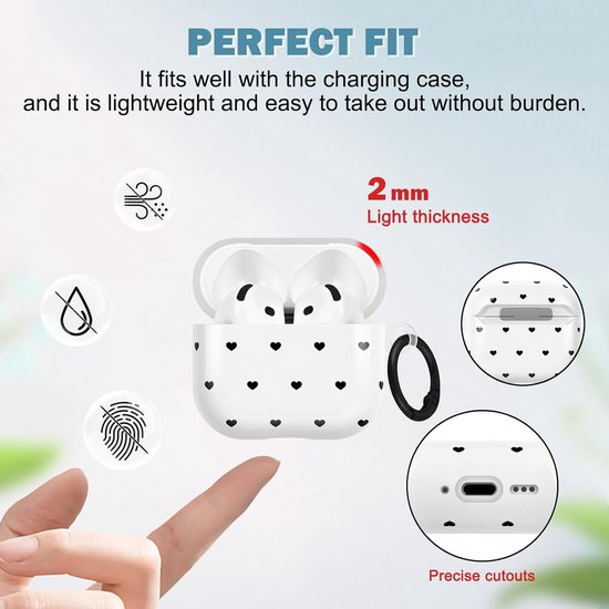 Beschermhoes voor AirPods 4 met reinigingsset, schattig hartmotief, voor meisjes en vrouwen, zachte TPU sleutelhanger, schokbestendig, beschermhoes voor AirPods 4, wit — afbeelding 2