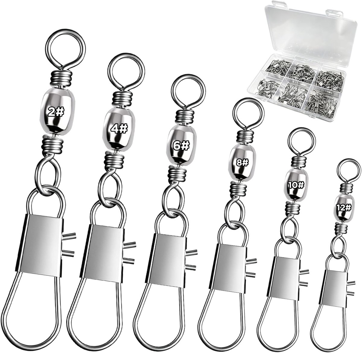 100 stuks wervelvissen, forelvissen, wervelkarabijnhaken, roestvrij staal, met karabijnhaak, visaccessoires, 6 maten 2# 4# 6# 8# 10# 12#, wervelvissen met doos voor zout water en zoetwater