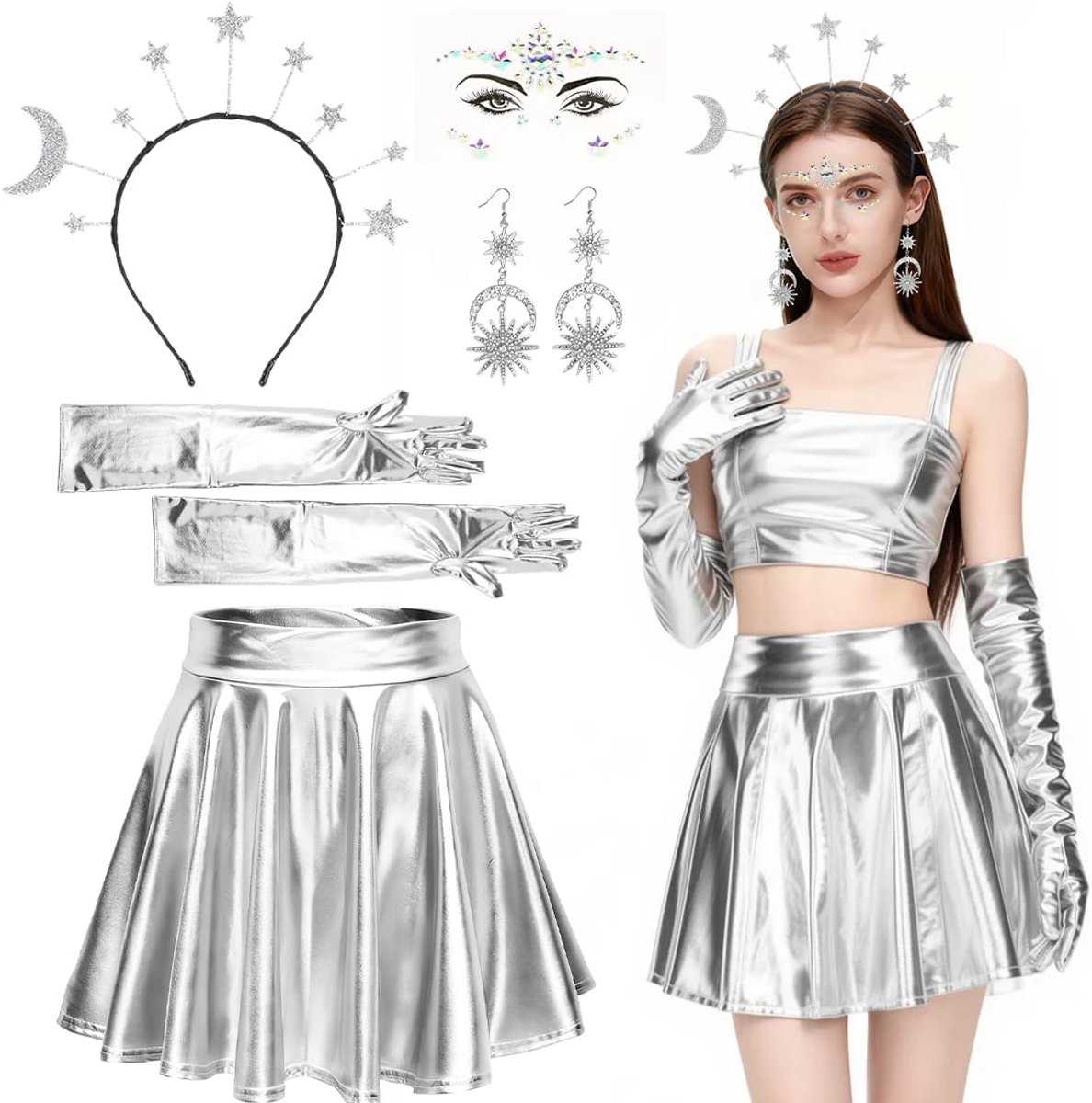 Carnaval Alien kostuum voor dames, 5 stuks cosplay space-kostuum, metallic plooirok, handschoenen, sterren maan, haarband en oorbellen, glitterstickers