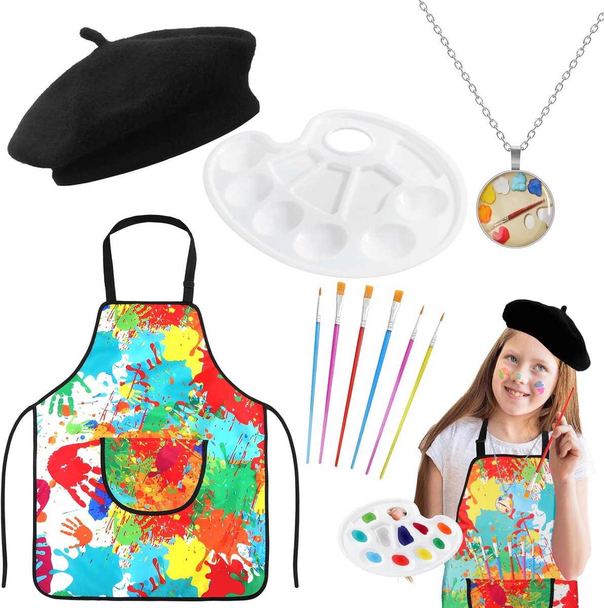 4-delig kunstenaarskostuum voor meisjes en jongens, accessoireset voor kunstenaarskostuum, met schort voor kunstenaarshoed, voor kinderen, Halloween-kostuums, carnaval, cosplay, kostuums