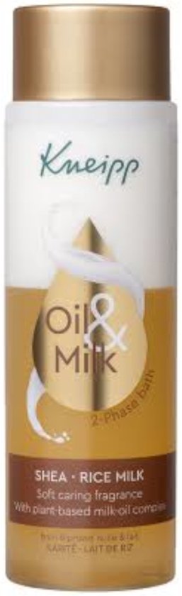 Kneipp 2-Fasen Bad Olie & Melk Shea Rijstmelk fles. Wit met goudkleurige dop. Gouden druppel en witte melkstroom op etiket. Tekst: Kneipp Oil & Milk Shea Rice Milk 2-Phase bath.
