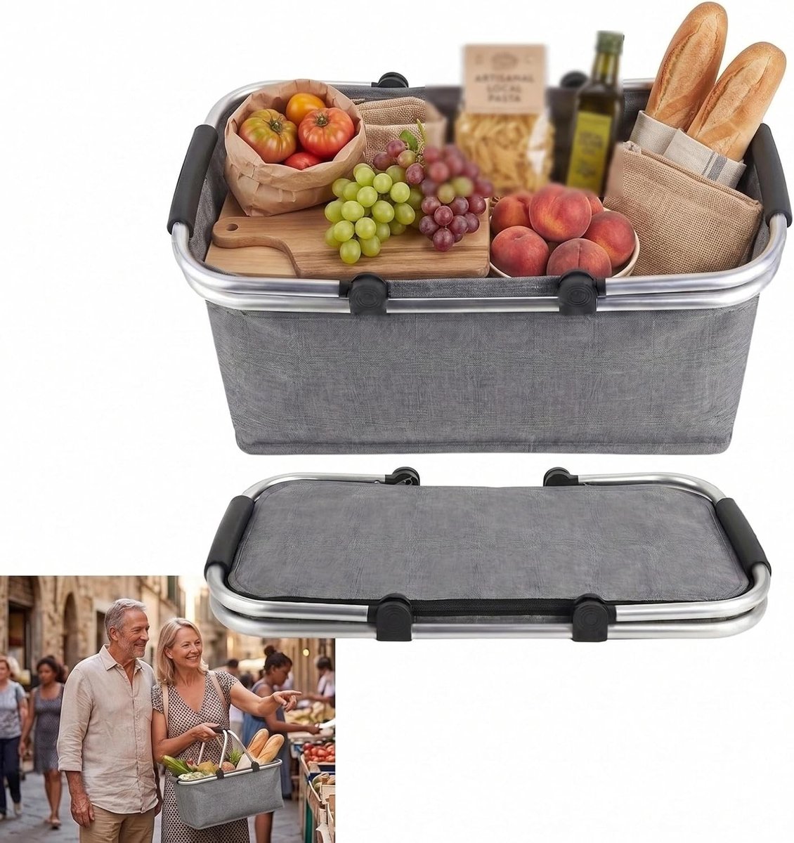 Opvouwbare Boodschappenmand - Grijs - 18 Liter - Met Koelfunctie - Voor Picknick en Reizen