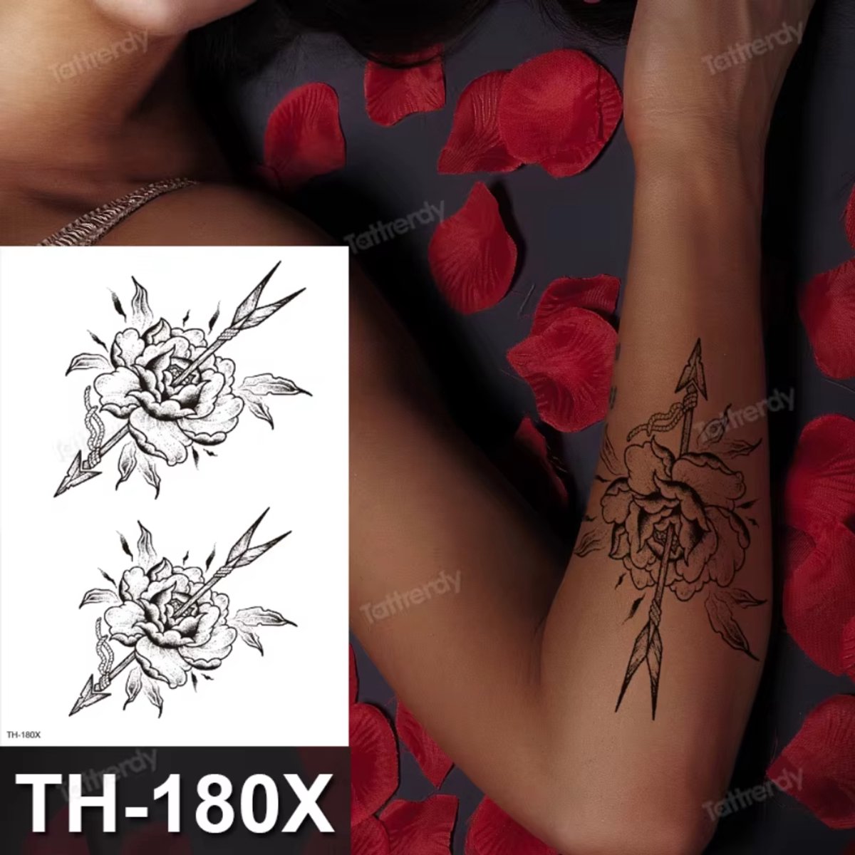 Temporary Tattoo Bloem met Pijl (A5 formaat) [Neptattoo - Tijdelijke tatoeage - Nep Fake Tattoos - Water overdraagbare festival sticker henna outfit tattoo - Glitter tattoo - Volwassenen Kinderen Jongen Meisje]