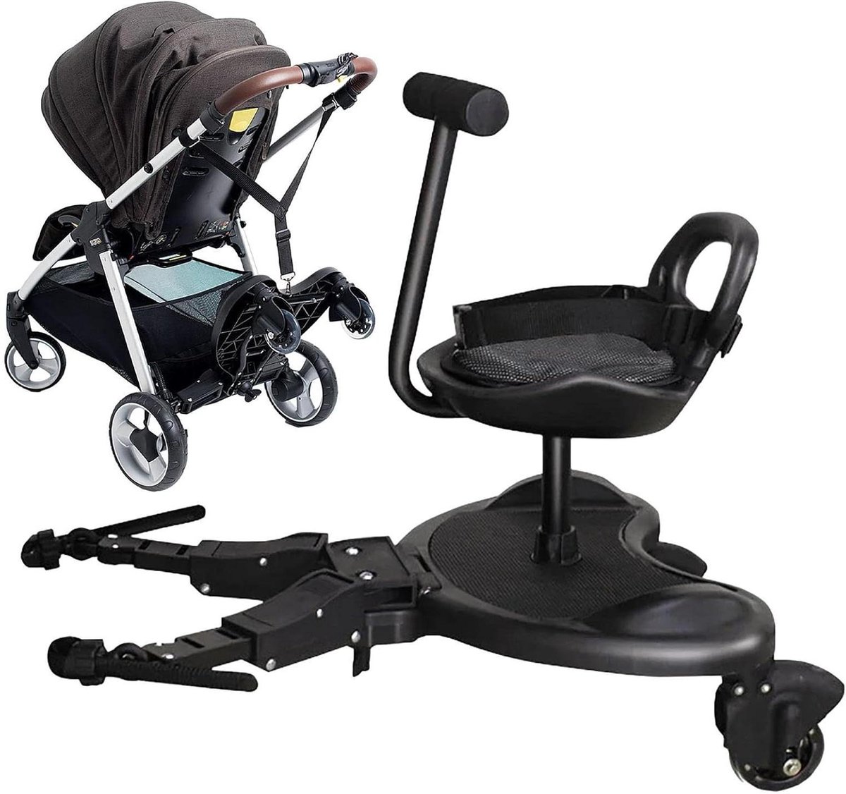 Kinderwagenrek met Zitting - Meerijdplank Kinderwagen - Reizen met Kinderen - Afneembare Zitting - 53-60 cm Lengte - Zwart