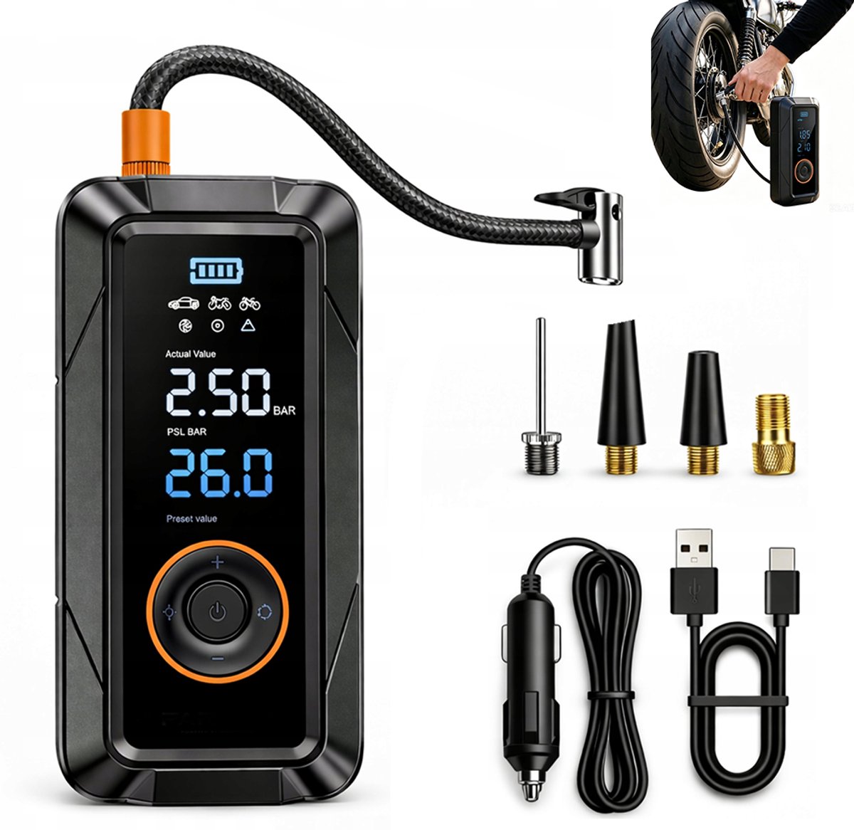 Autoluchtpomp 150 PSI - Draadloze elektrische luchtpomp - Draagbare luchtpomp - Met LCD-display en automatische stopfunctie - Universele luchtpomp - Geschikt voor auto's, motoren, fietsen en ballen – Zwart