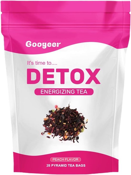 Pak Googeer Detox energizing tea met perziksmaak, met losse theeblaadjes en stukjes fruit.