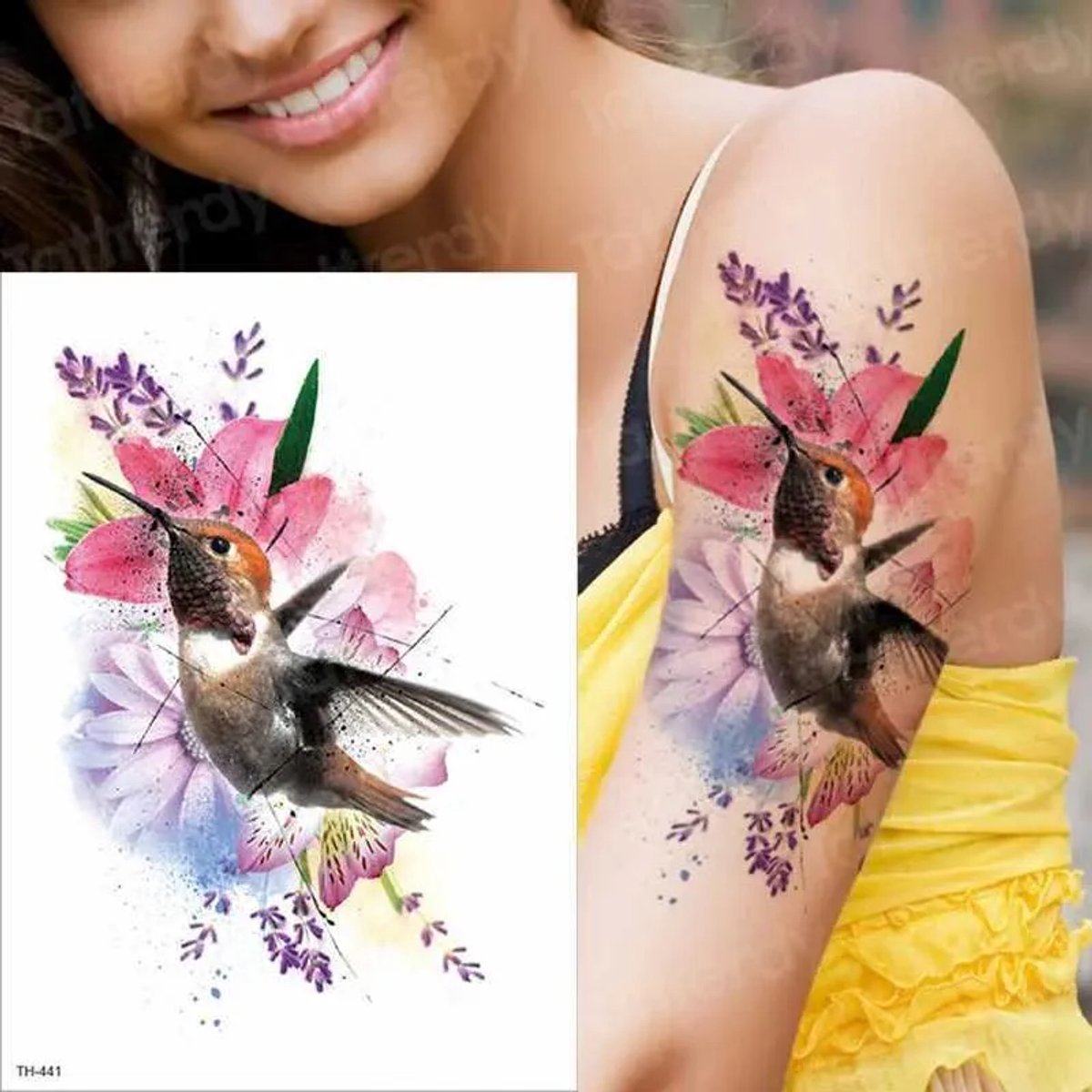 Temporary Tattoo Vogel met Bloemen (A5 formaat) [Neptattoo - Tijdelijke tatoeage - Nep Fake Tattoos - Water overdraagbare festival sticker henna outfit tattoo - Glitter tattoo - Volwassenen Kinderen Jongen Meisje]