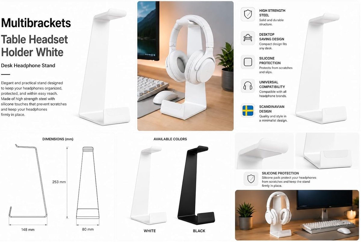 SnelShoppen - Hooftelefoonhouder Tafelwit - Aluminium Stand voor Hoofdfonenen - 25,5 cm Hoog - Ideaal voor Kleine en Middelgrote Hoofdtelefoons - Wit