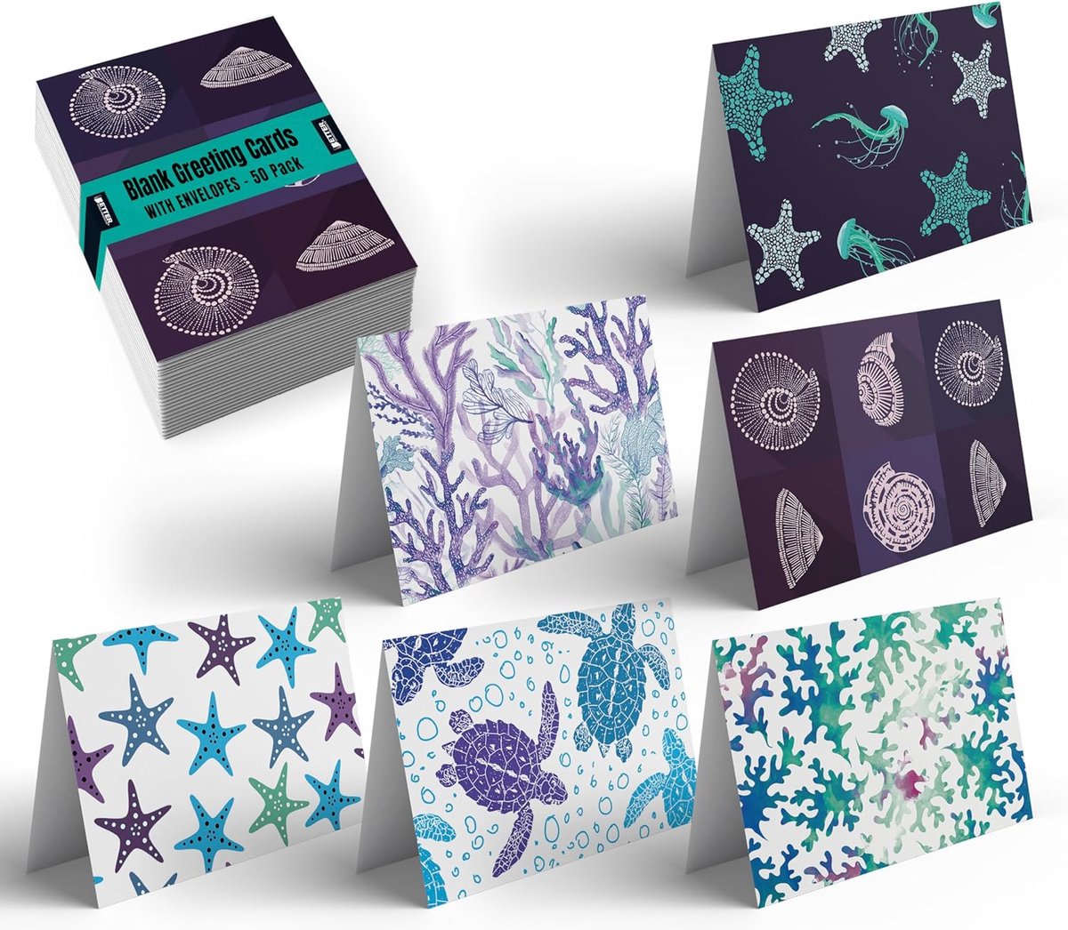 Wenskaarten set 50 stuks - 4 x 6 inch - 6 zeeleven ontwerpen - perfect voor elke gelegenheid - ShopVlot