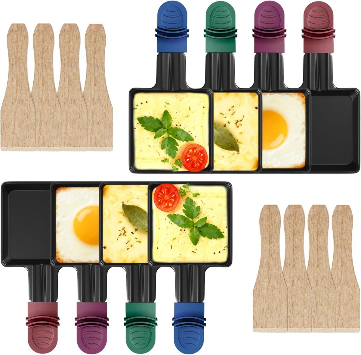 ipow 8 stuks raclette-pannetjes, vervanging mini-pannetjes, anti-aanbaklaag, vierkant, voor raclette met 8 houten schoppen en kleurrijke isolerende handgrepen