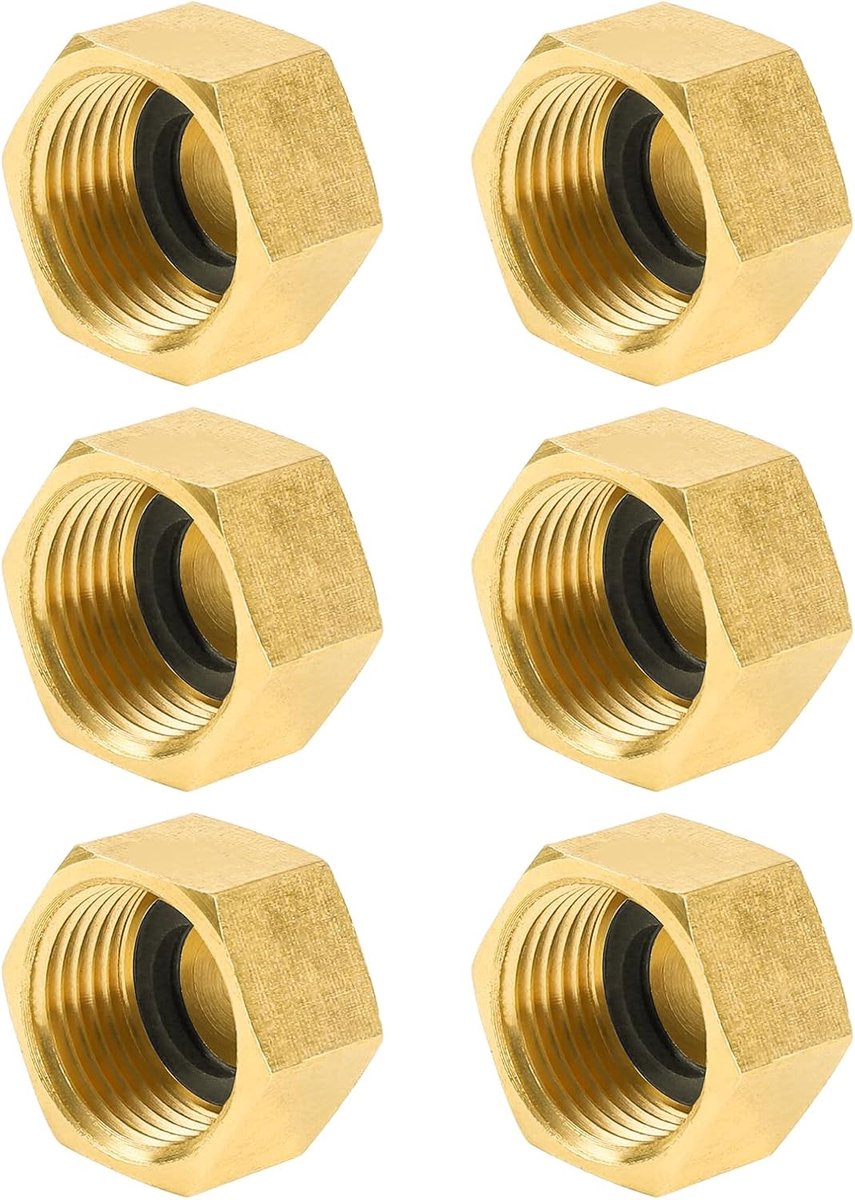 PRO Messing blindstop, binnendraad afdichtkap G1/2 inch (Ø 19,5 mm), met afdichtringen en PTFE afdichtingstape, messing kap zeshoekig, tuinwaterslang schroefdraadkap 6 stuks set