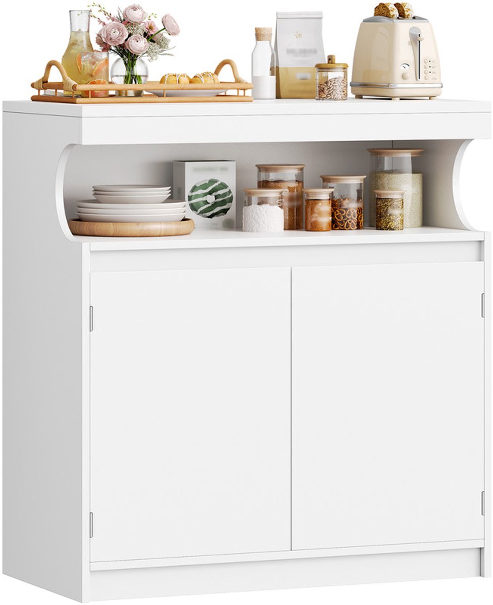 Hzuaneri Sideboard, Keukenkast, 2 Deuren, 40 x 80 x 85 cm, Wit, Open Buffetgedeelte, Verstelbare Planken, Opbergkast, Moderne Stijl, Geschikt Voor Keuken, Woonkamer