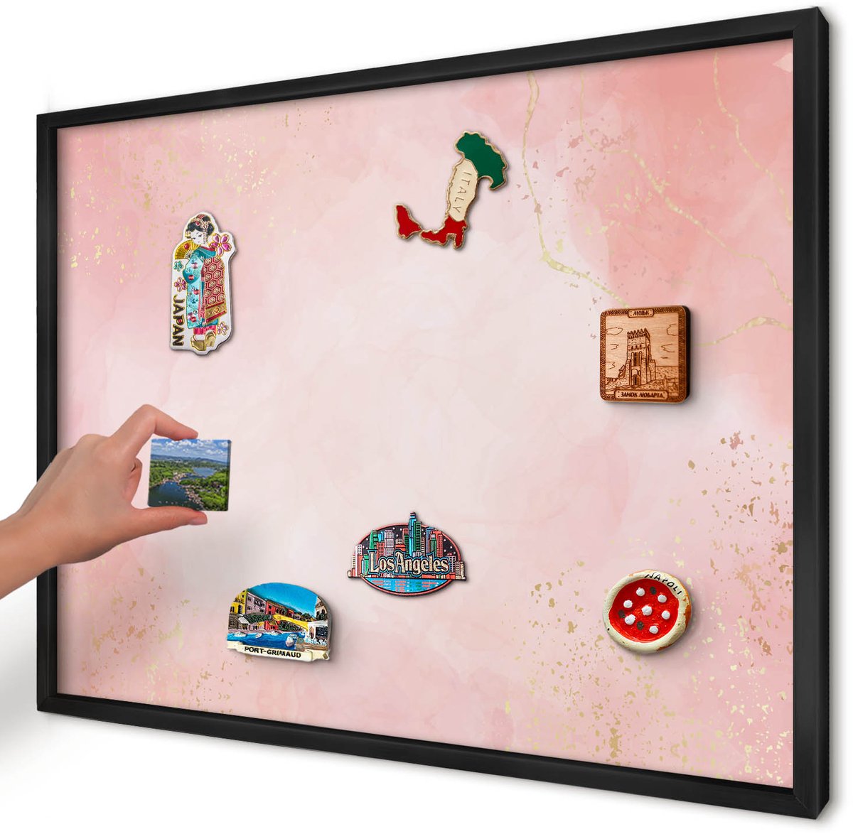 Artprintcave Roze Magneetbord mit Zwart Frame - 70x50 cm - Subtiele Elegantie Magneet Bord mit Frame - Waterverf Wandbord Magnetisch - Achtergronden En Patronen