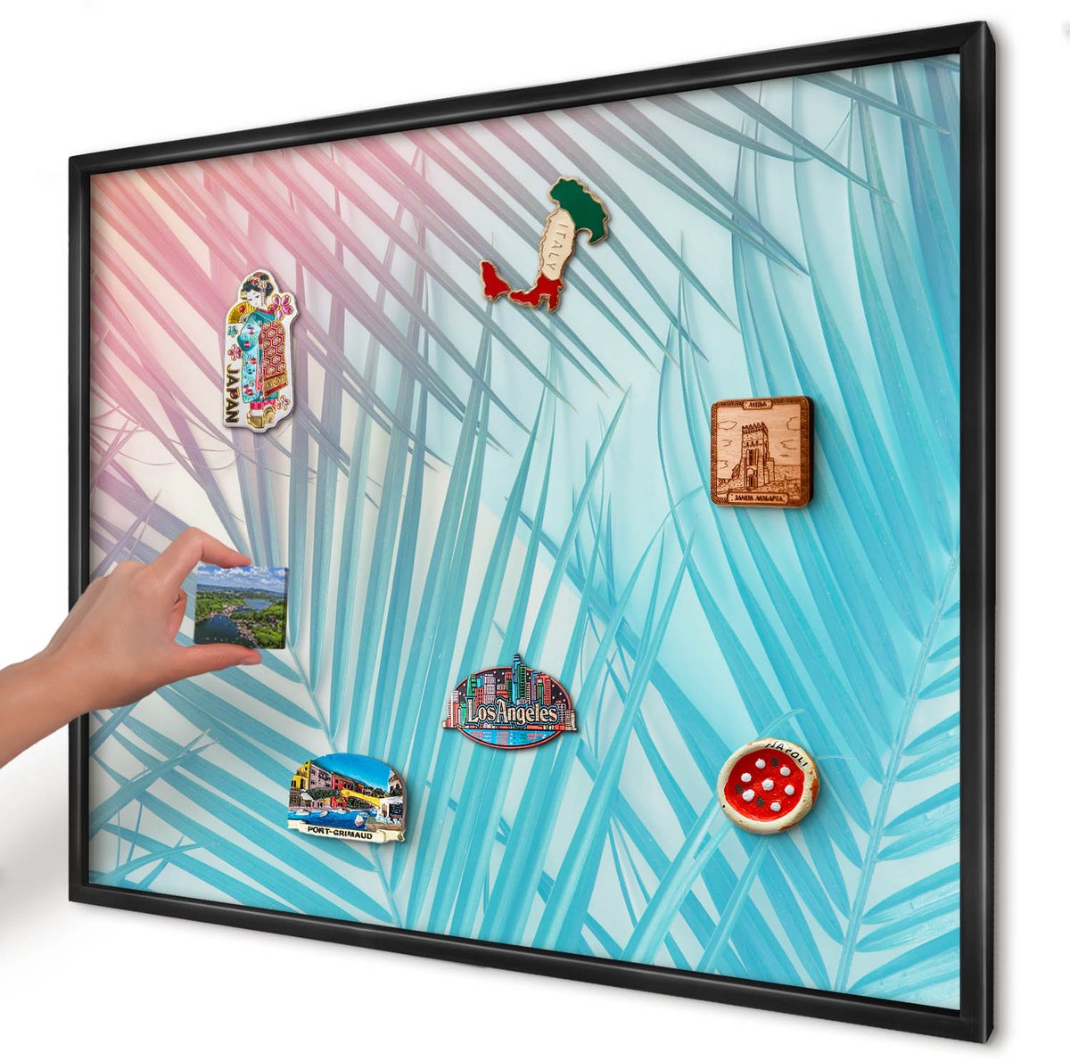 Artprintcave Turkoois Magneetbord mit Zwart Frame - 80x60 cm - Tropische Elegantie Notitiebord - Abstract Memobord Keuken - Bloemen En Planten