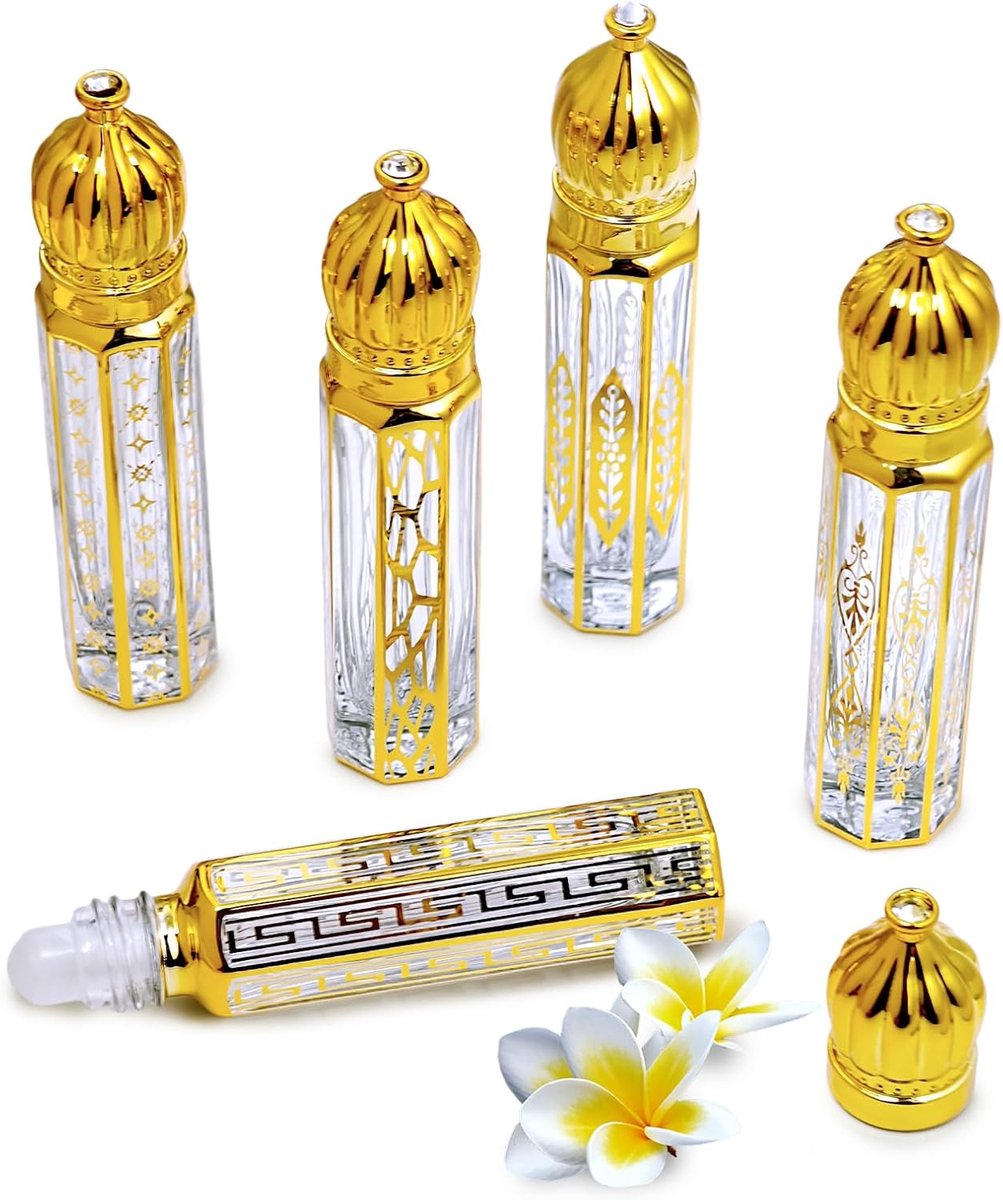 SnelShoppen - 5 Stuks 5ml Duidelijke Glazen Roll-On Flessen met Gouden Motieven, Essentiële Olie Roller Vintage Stijl, Leeg, Navulbaar voor Parfum, Ar