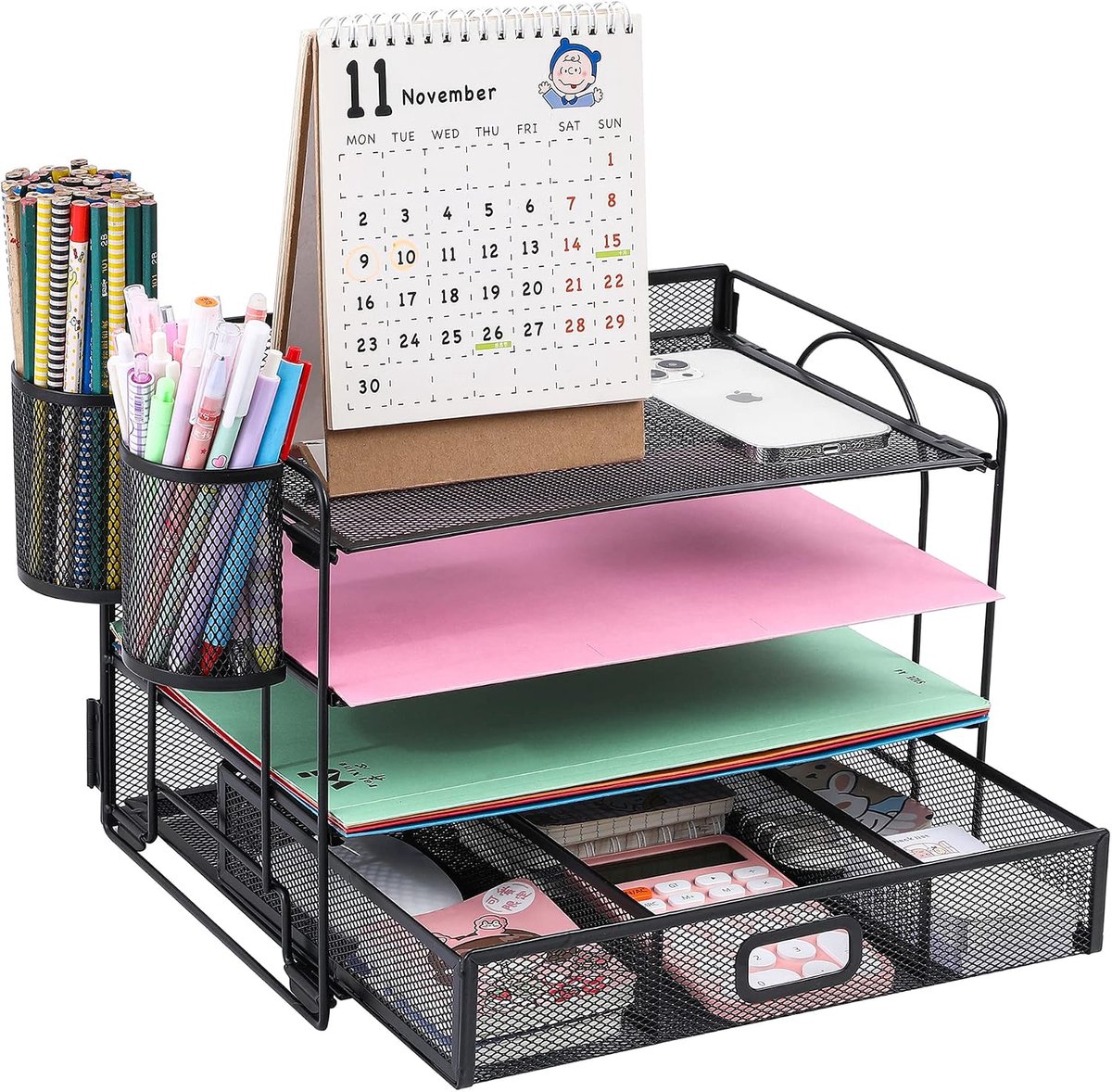 Organisator voor desktopbestanden met 4 laden, organizer voor kantoorbenodigdheden van mesh, documentenbrievenbakhouder met lade voor thuis op kantoor (houder voor 2 pennen) (zwart)