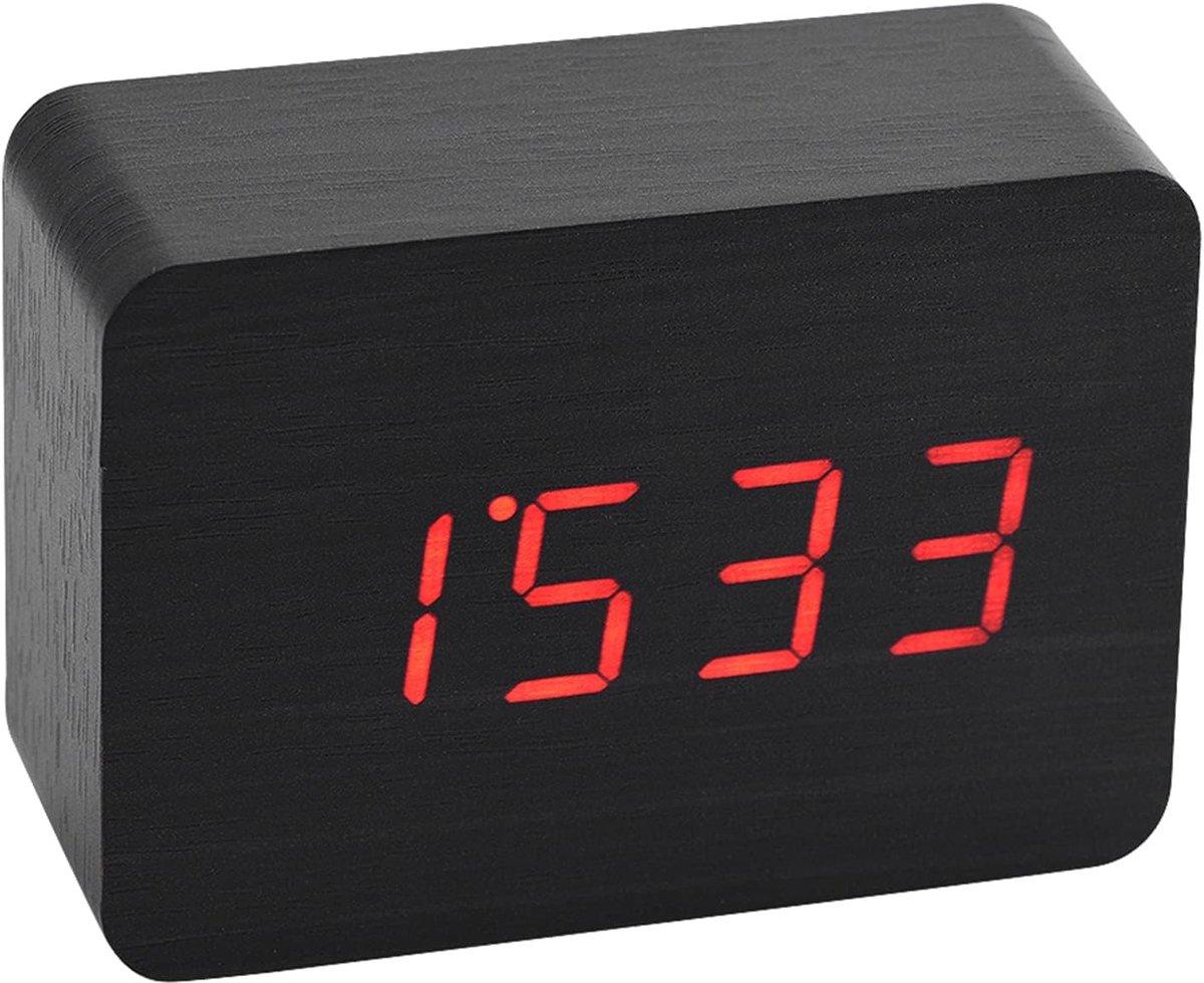 Houten Wekker, Alarmfunctie/Spraakbesturing en Continue Lichtmodus/Digitale Bureauthermometer Klassieke Timer, Digitale Wekker (Zwart hout + rood licht)
