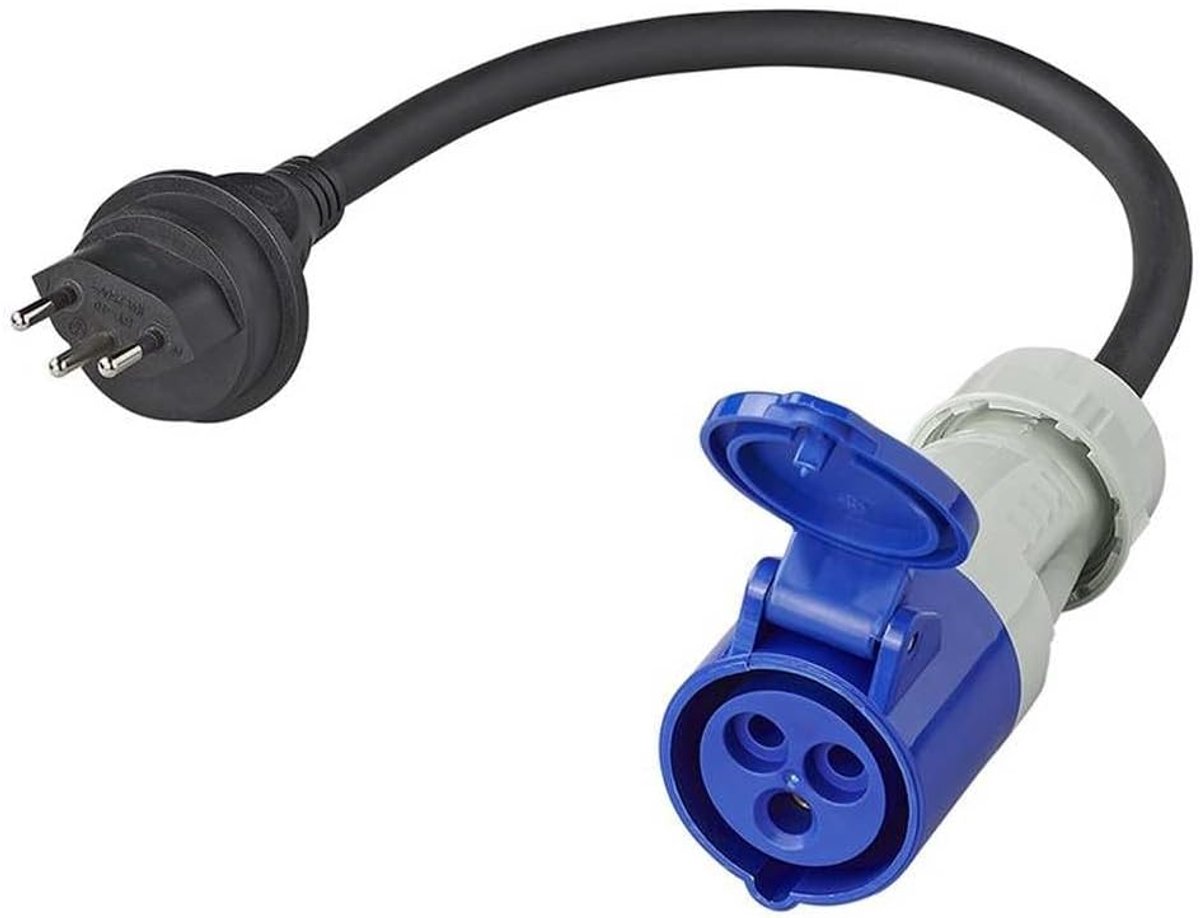 adapterkabel 40cm 3x2,5mm² | Zwitserse stekker naar CEE | H07RN-F neopreen kabel | 10A, IP44, temperatuurbestendig -35°C tot +50°C | H07RN-F 3G2,5 mm² neopreen kabel, IP44, 10 A, -35 °C tot +50 °C, ideaal voor camping en werkplaats