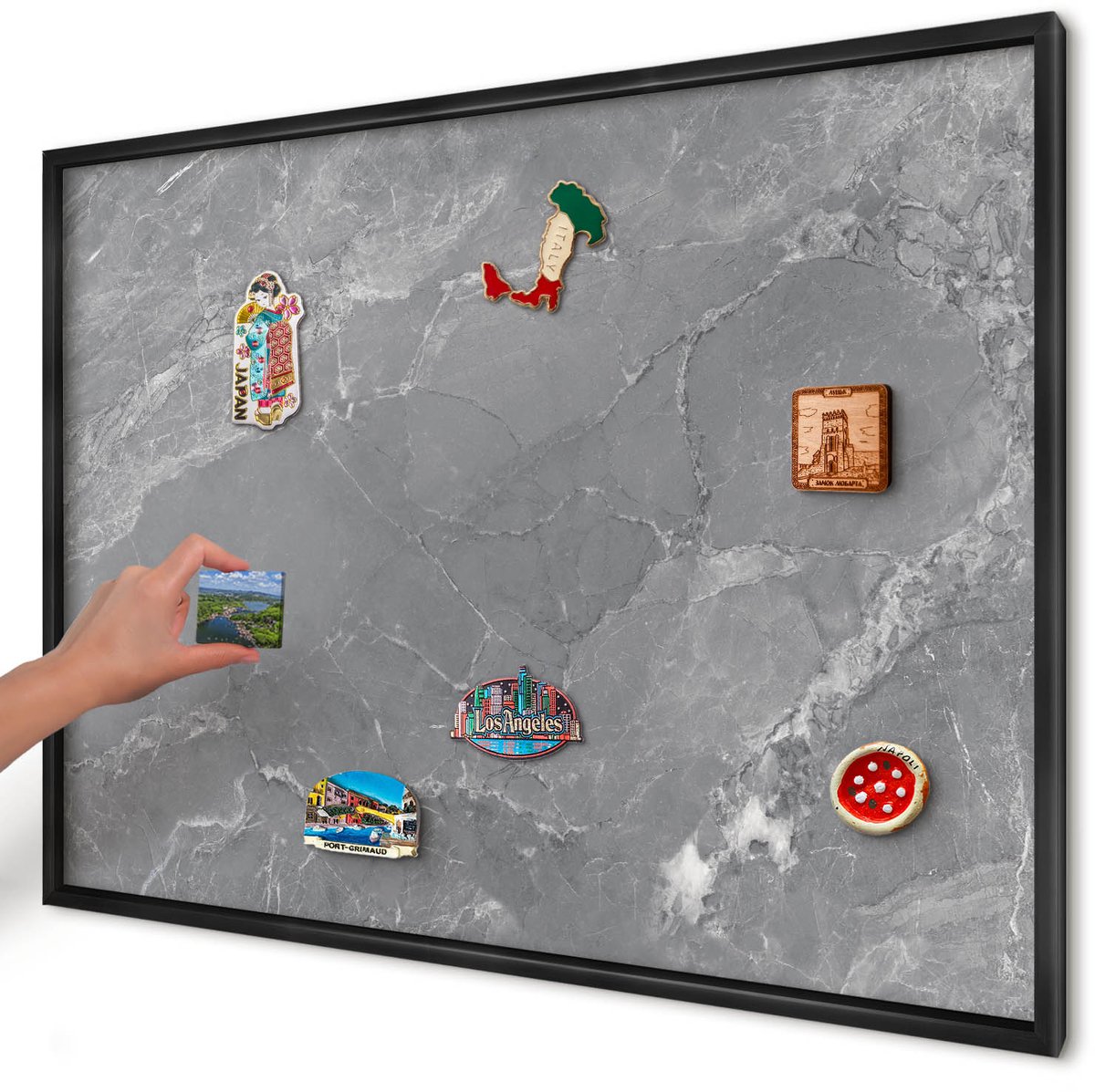 Artprintcave Grijs Magneetbord mit Zwart Frame - 100x70 cm - Grijs Marmer Magnetisch Bord - Minimalist Memobord Keuken - Texturen