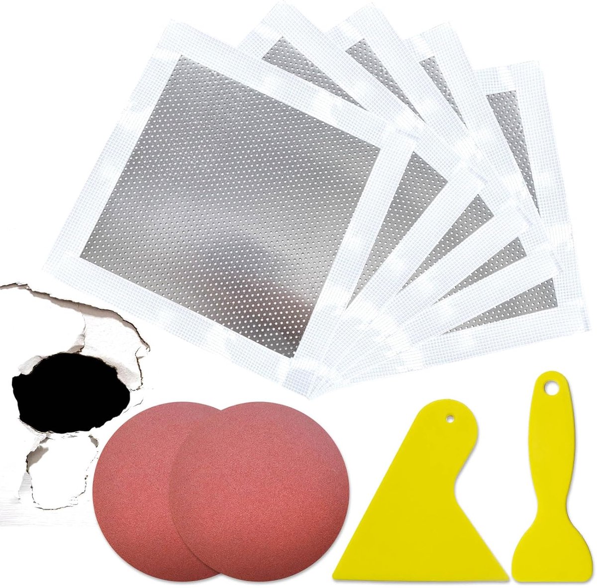 Reparatie van gaten in de muur, gat in de muur, aluminium patches, zelfklevend, wandreparatieset, reparatie van muren voor beschadigde (5cm x 5cm x 5 stuks + 4 stuks gereedschap)