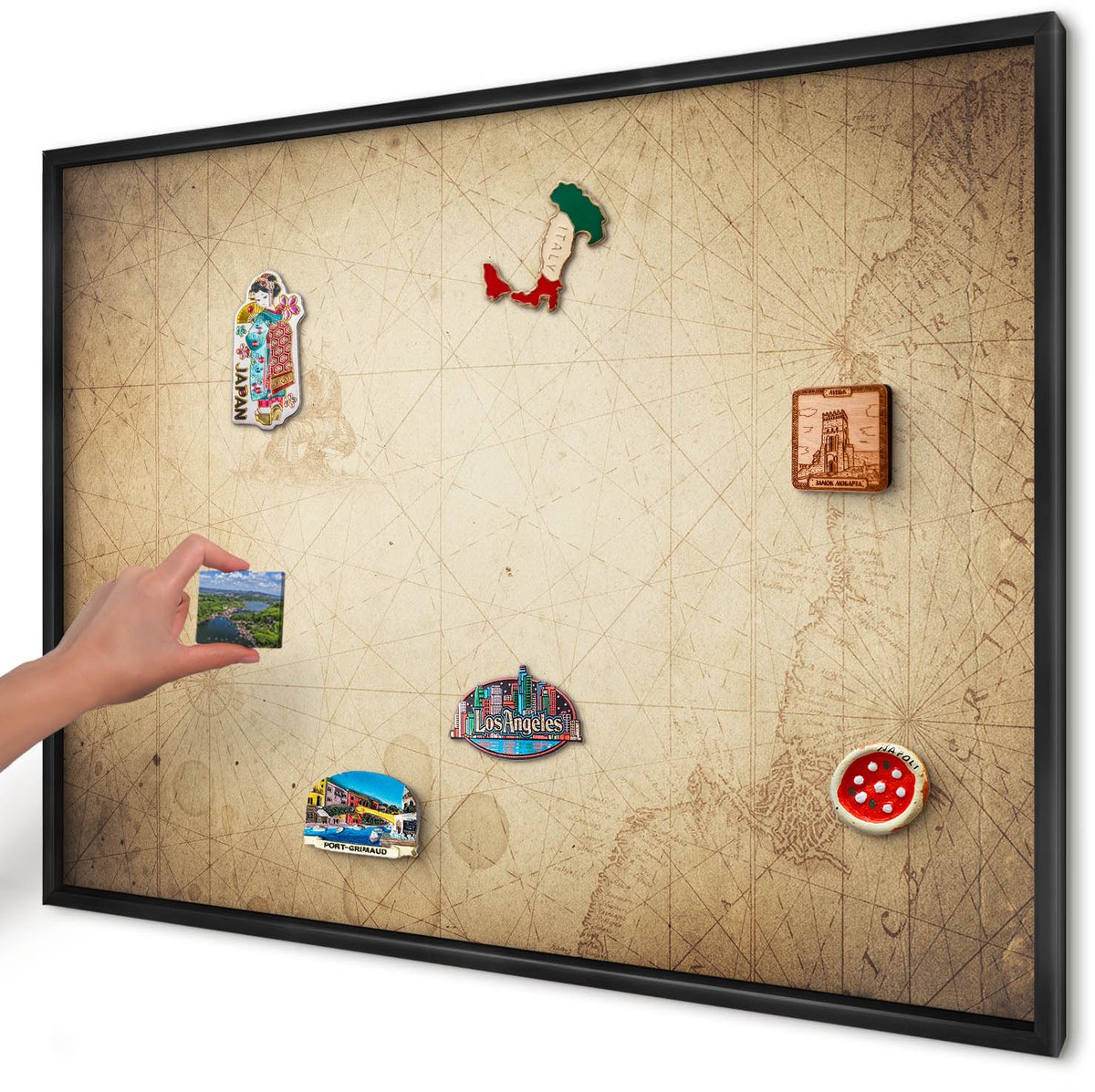Artprintcave Beige Magneetbord mit Zwart Frame - 100x70 cm - Oude Kaart Magneetbord Voor Foto's - Vintage Wandbord Magnetisch - Kaarten