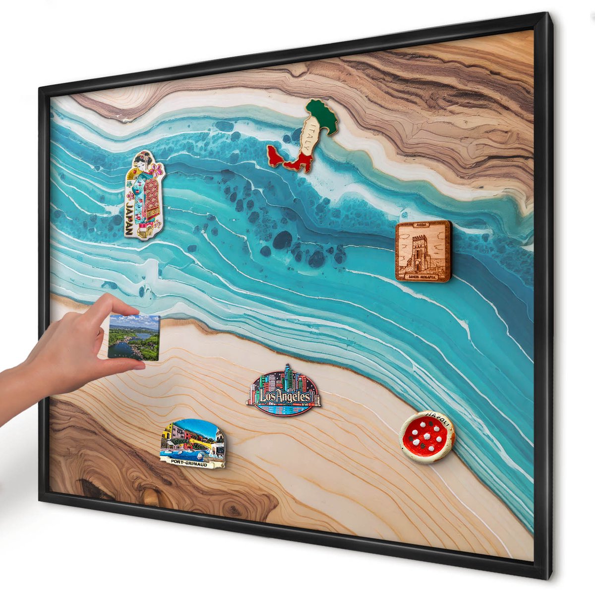 Artprintcave Turkoois Magneetbord mit Zwart Frame - 80x60 cm - Aardlagen Wandbord Magnetisch - Abstract Magnetisch Bord - Abstractie