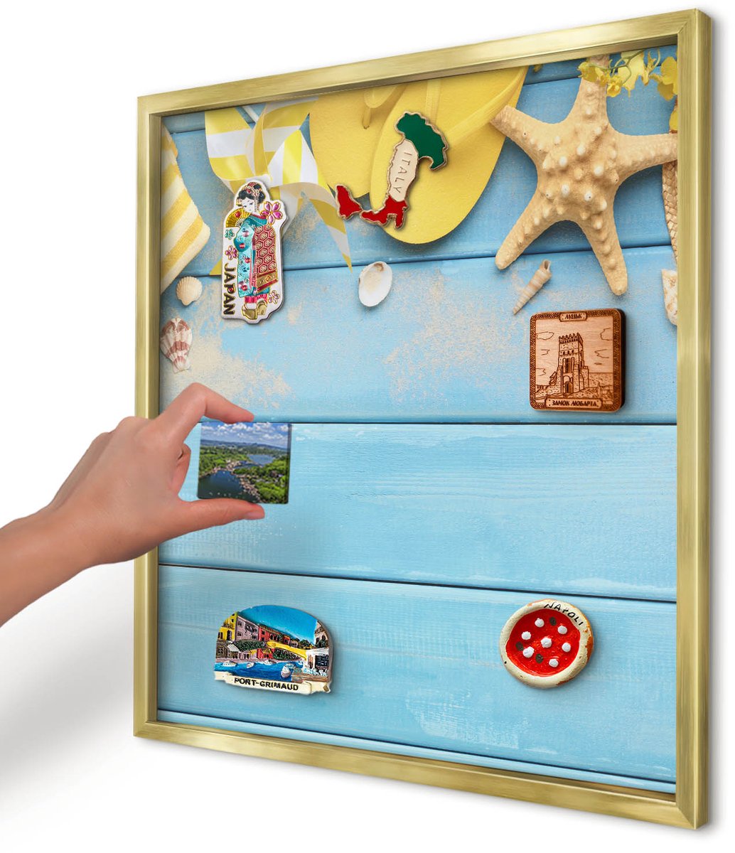 Artprintcave Blauw Magneetbord mit Gouden Frame - 50x50 cm - Strandsfeer Magnetisch Bord - Boho Memobord Keuken - Reis
