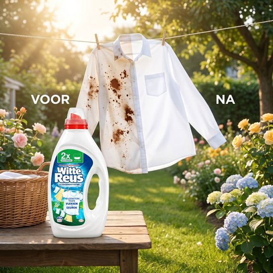 Witte Reus wasmiddelfles naast een wit overhemd dat van vuil naar schoon gaat op een waslijn in de zon.