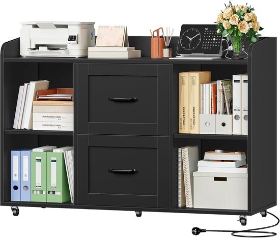 Zwarte archiefkast met twee laden, open planken, printer en kantoorbenodigdheden.