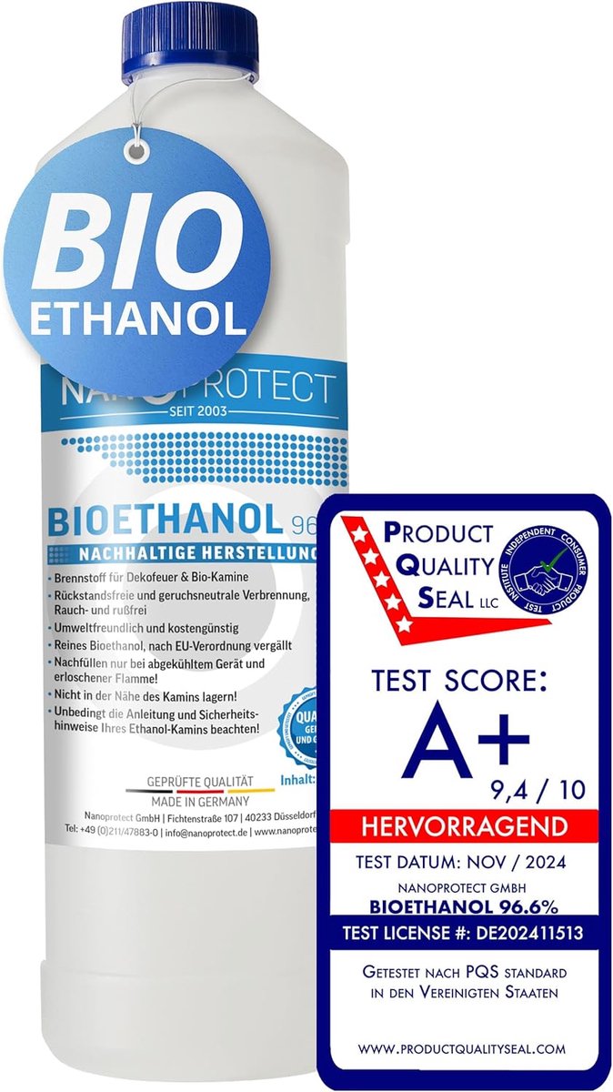 SnelShoppen - Bioethanol 96.6% | 1 Litr | Vuurbrandstof voor Binnen- en Tafelvuur, Pure Ethyl Alcohol, Geur- en Rookvrij, Hoogwaardige Kwaliteit