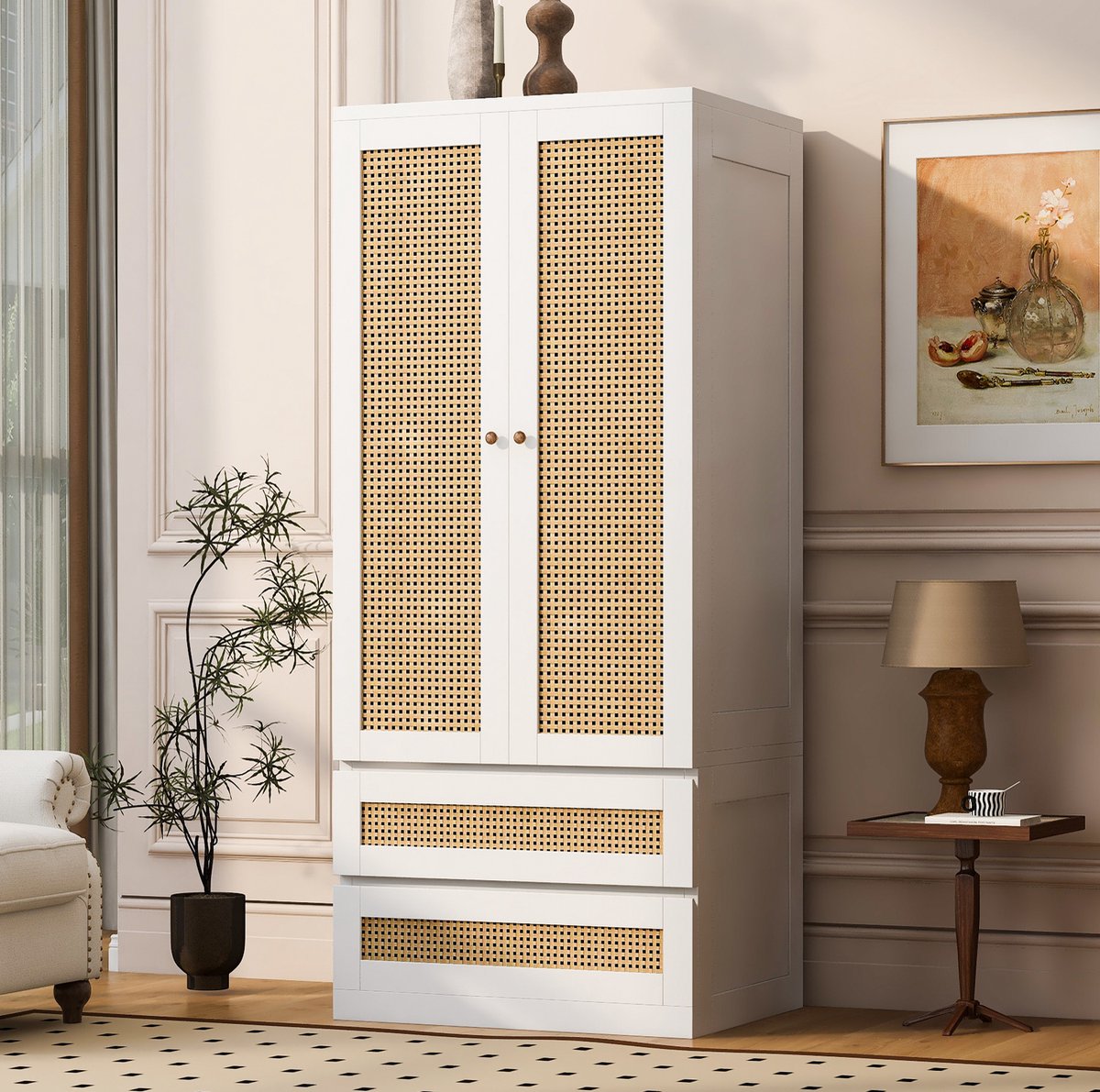 MIVRAY Kast Dubbele Deuren Met Rattanlook Deurpanelen En Twee Laden Ruime Opbergkast Voor Slaapkamer Woonkamer En Kleedruimte Wit 70 X 55 X 170 Cm