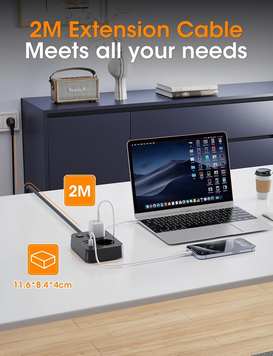 SnelShoppen - 6-in-1 Stekkerdoos met USB-C 20W Snellader en Overspanningsbeveiliging, 2 Stopcontacten met Schakelaar en 4 USB Poorten, Verlengsnoer 2