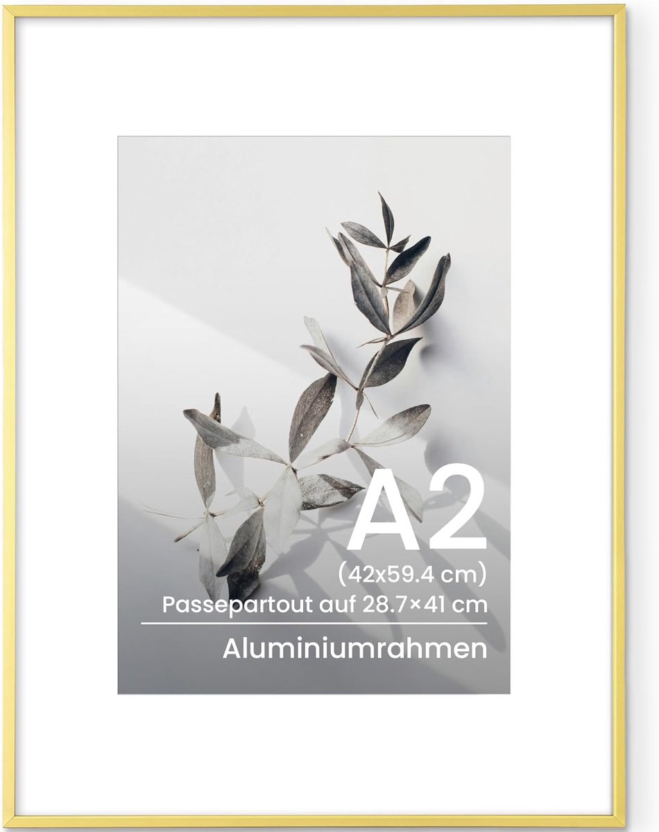Fotolijst A2 42 x 59,4 cm - Aluminium Goud - Sterke metalen lijst met gehard glas - Perfect voor posters en foto's - ShopVlot